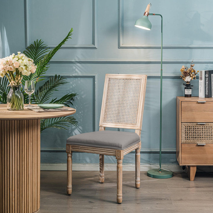 Lot de 2 chaises en bois et cannage avec assise en tissu gris fonce